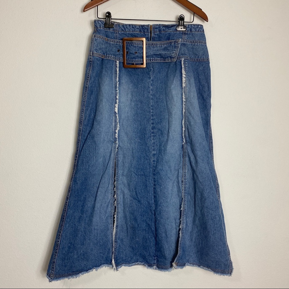 Carolina Blues Fringe Distressed Denim Jean Skirt With Slits 12